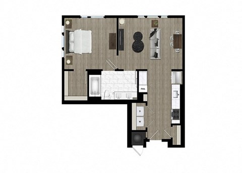 Floor plan for 1 bed, 1 bath, 684 sqft